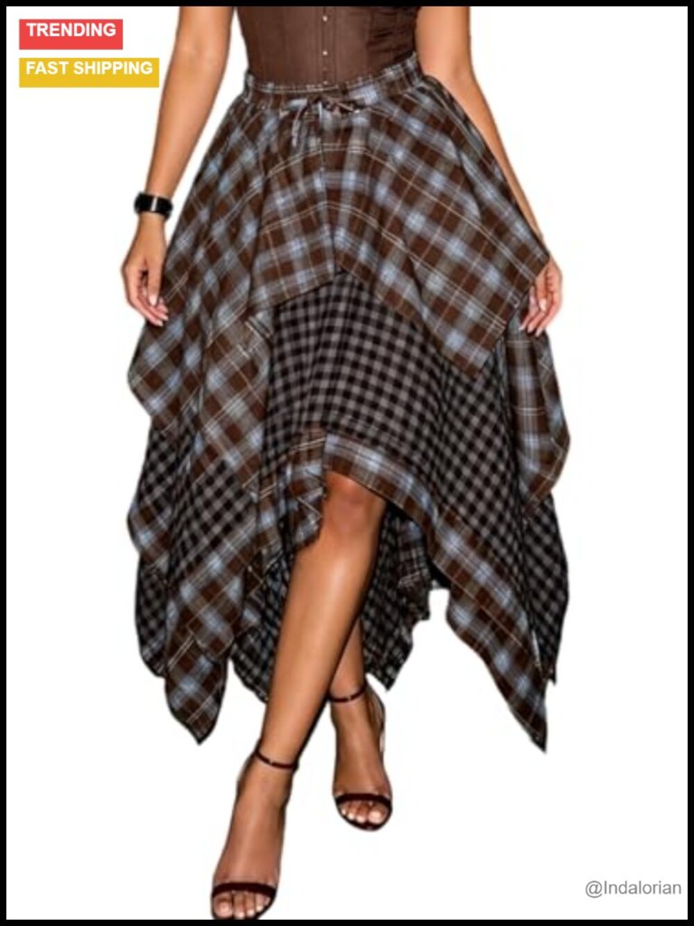 Women's Asymmetrical Gingham Pleated A-Line Skirt High Waisted Handkerchief Hem